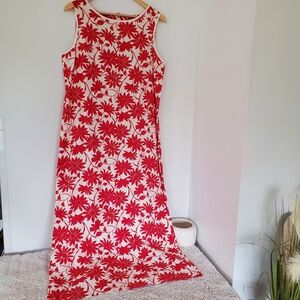 White Red Floral Linen Rayon Maxi Sheath Dress 12 Sleeveless Coastal Casual USA